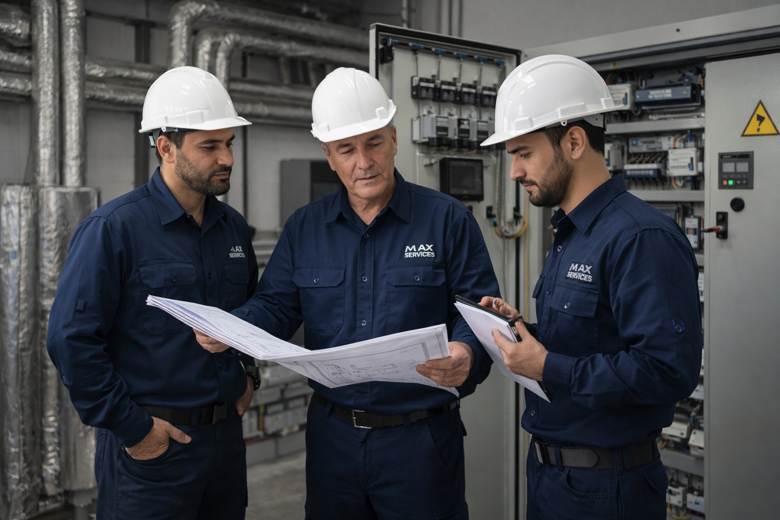 Equipo técnico de MAX SERVICES revisando planos y coordinando una instalación HVAC.