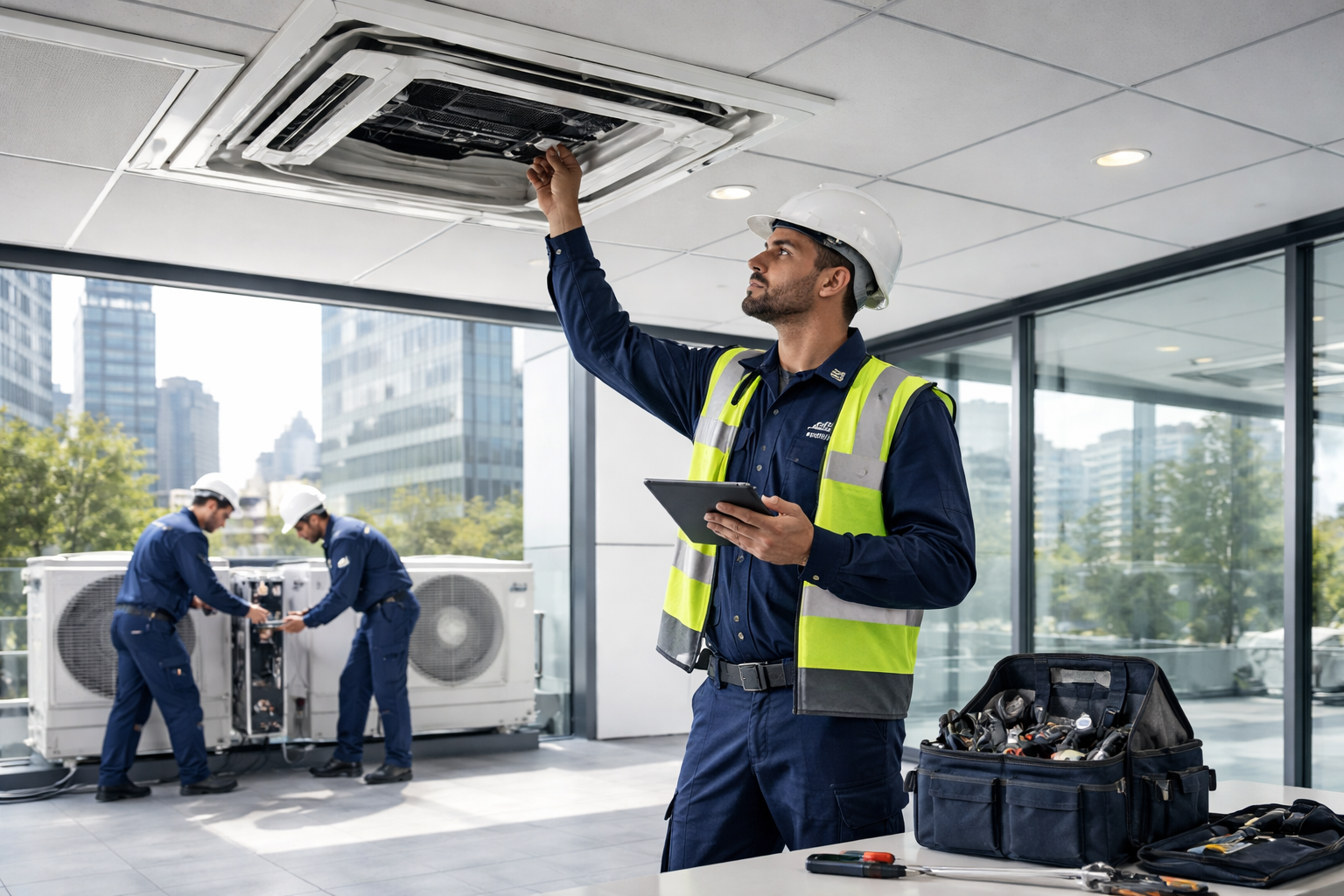 Técnicos de climatización trabajando en una instalación HVAC corporativa.